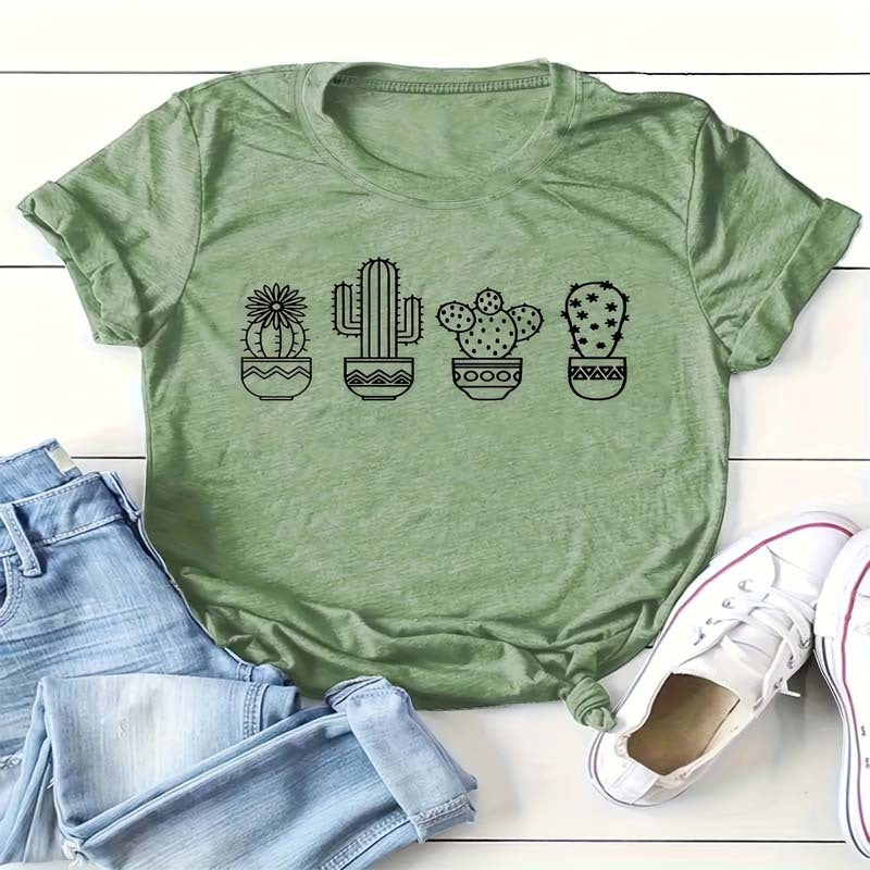 Women’S Casual Crew Neck Short Sleeve T-Shirt With Cactus Potted Plant Summer Essential Top