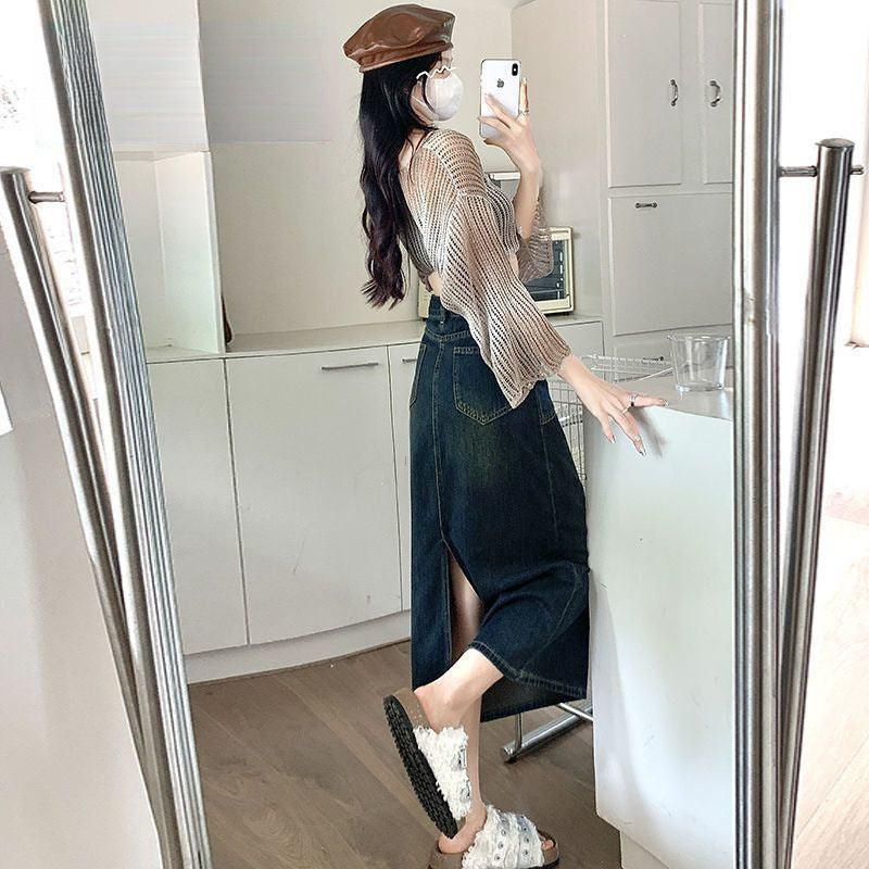 Three-quarter Petite Retro Denim Skirt For Women