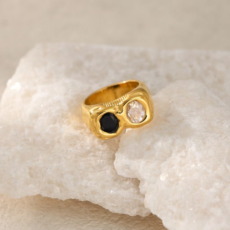 18K Real Gold Plating INS Personalized Hip Hop Two-color Different Pupil Zircon Ring