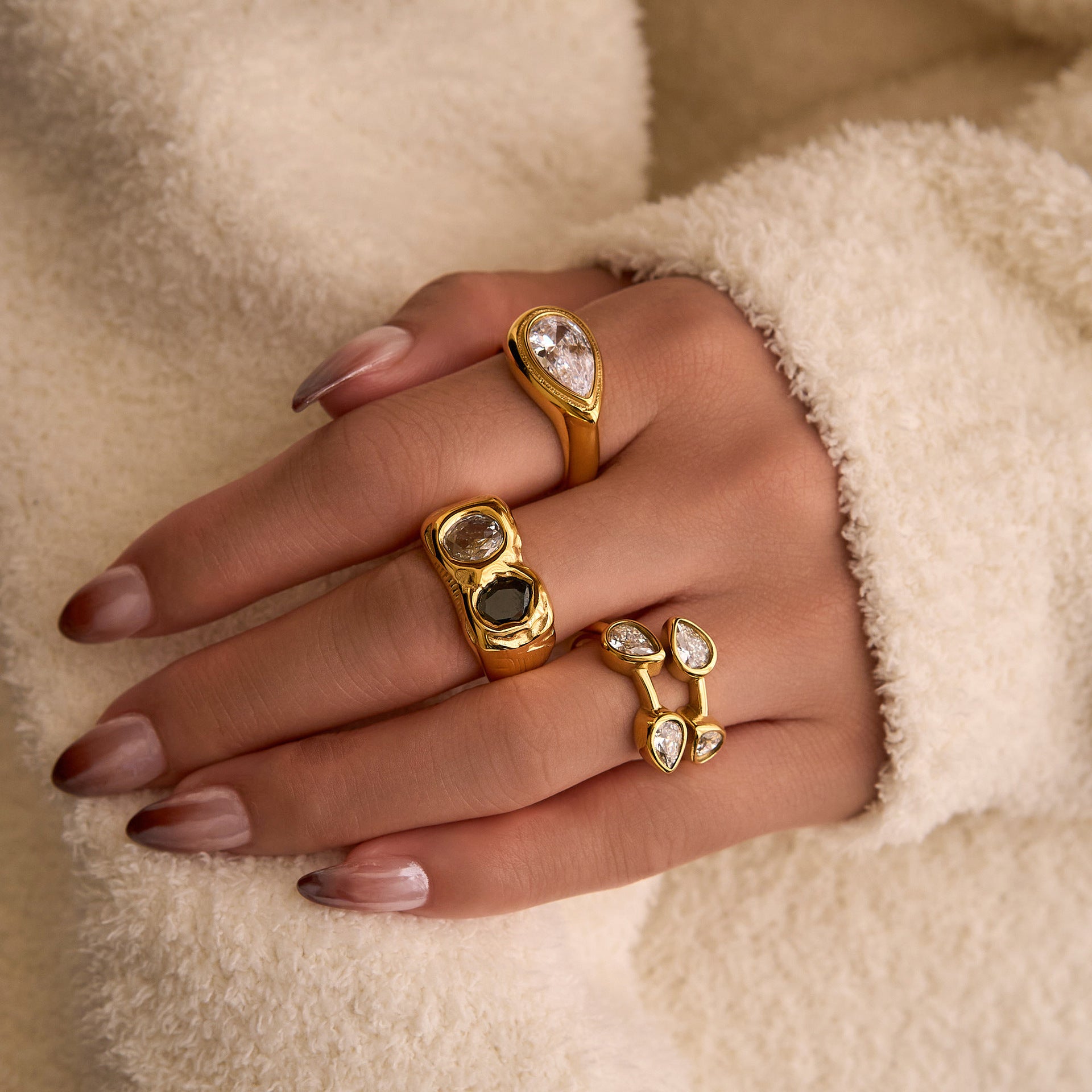 18K Real Gold Plating INS Personalized Hip Hop Two-color Different Pupil Zircon Ring