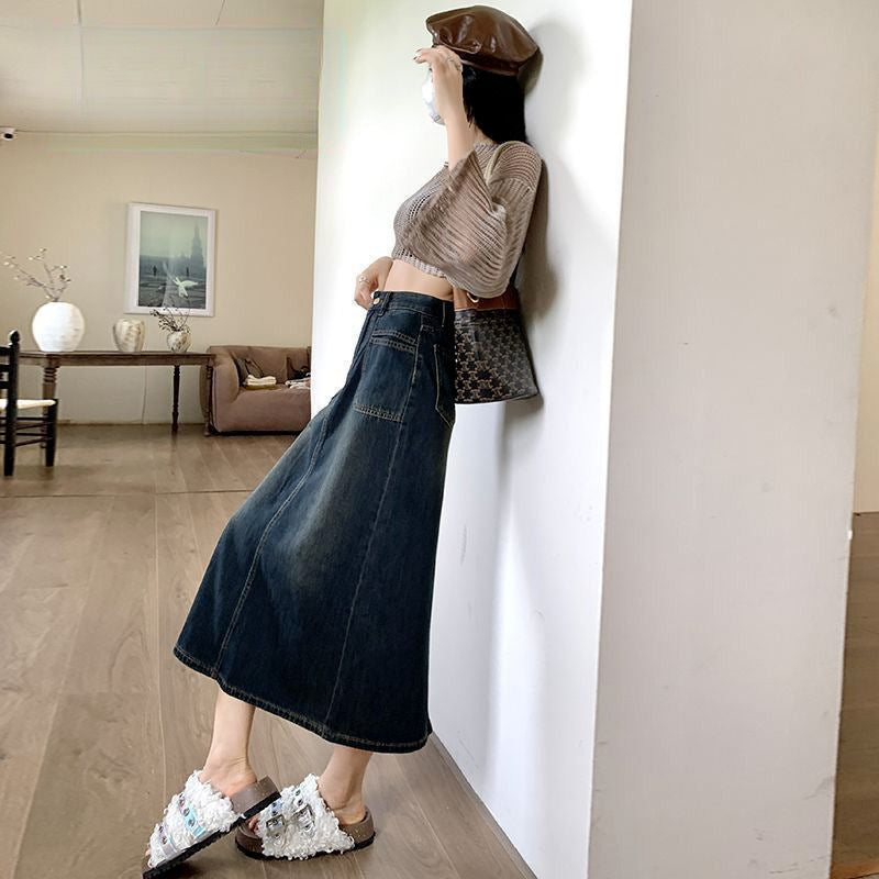 Three-quarter Petite Retro Denim Skirt For Women