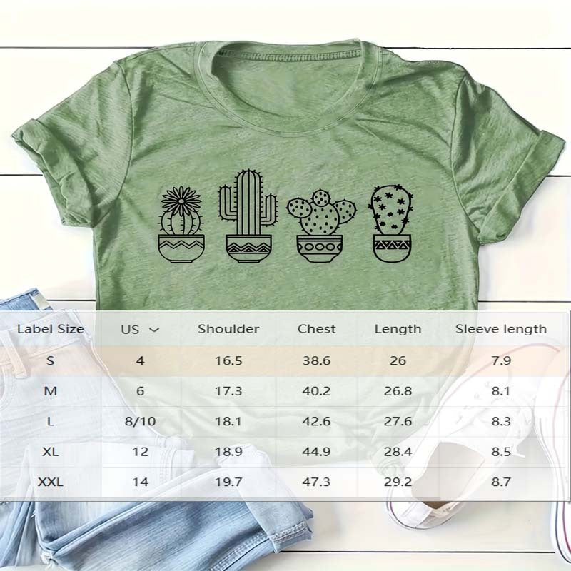 Women’S Casual Crew Neck Short Sleeve T-Shirt With Cactus Potted Plant Summer Essential Top
